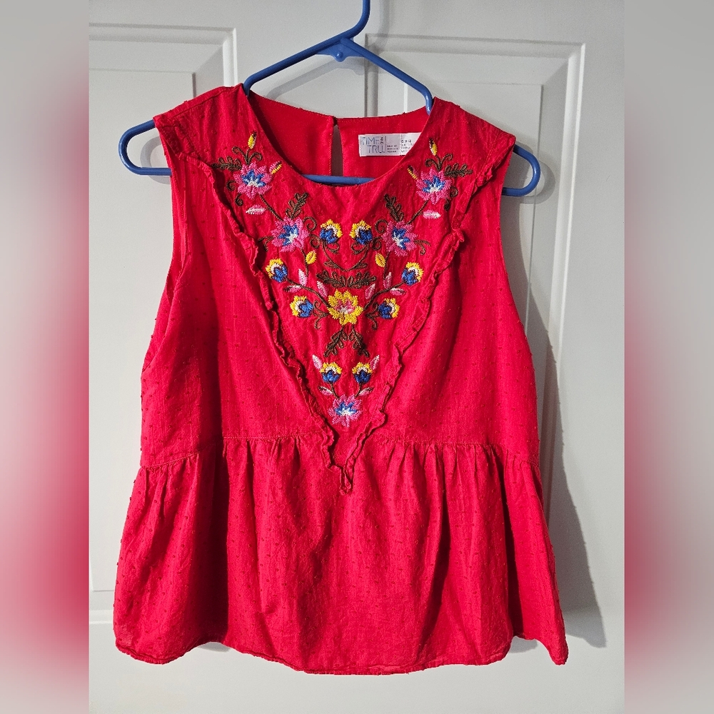 Time and Tru Red Embroidered Sleeveless Peplum Blouse